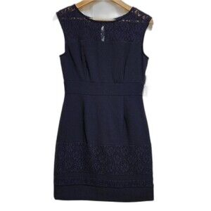 Darren Z Dress 6 Navy Blue Floral Lace Sheath Sleeveless Zip Lined New Stretchy